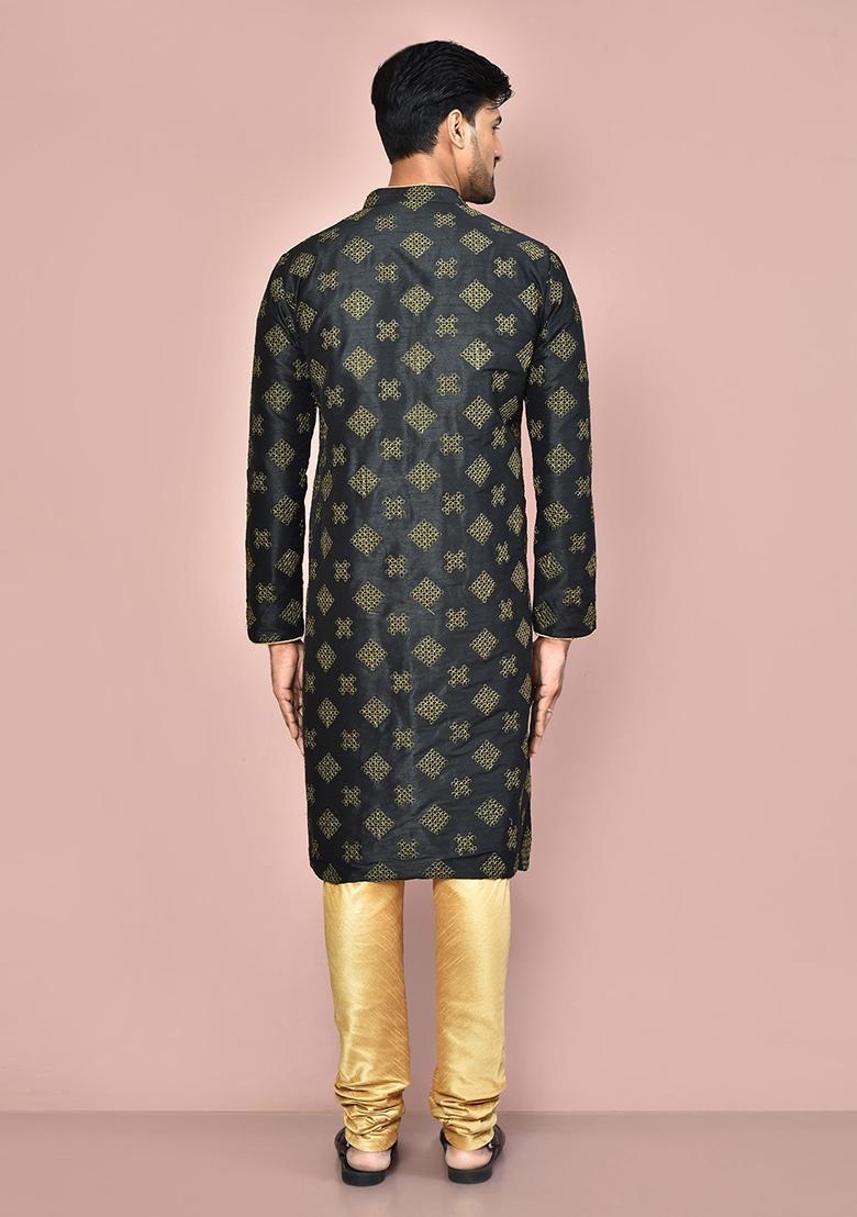 Black Embroidered Silk Kurta Set For Men - Indya
