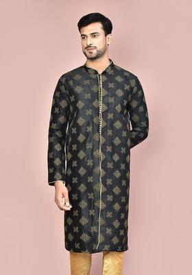 Black Embroidered Silk Kurta For Men