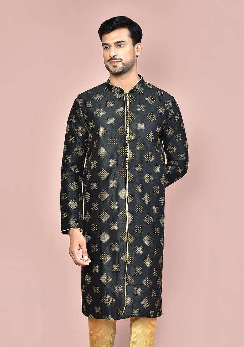 Black Embroidered Silk Kurta For Men - Indya