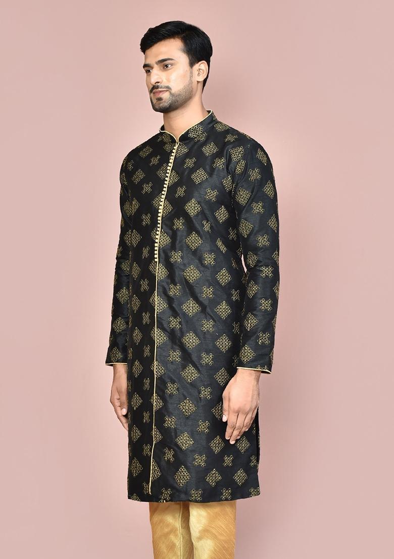 Black Embroidered Silk Kurta For Men - Indya