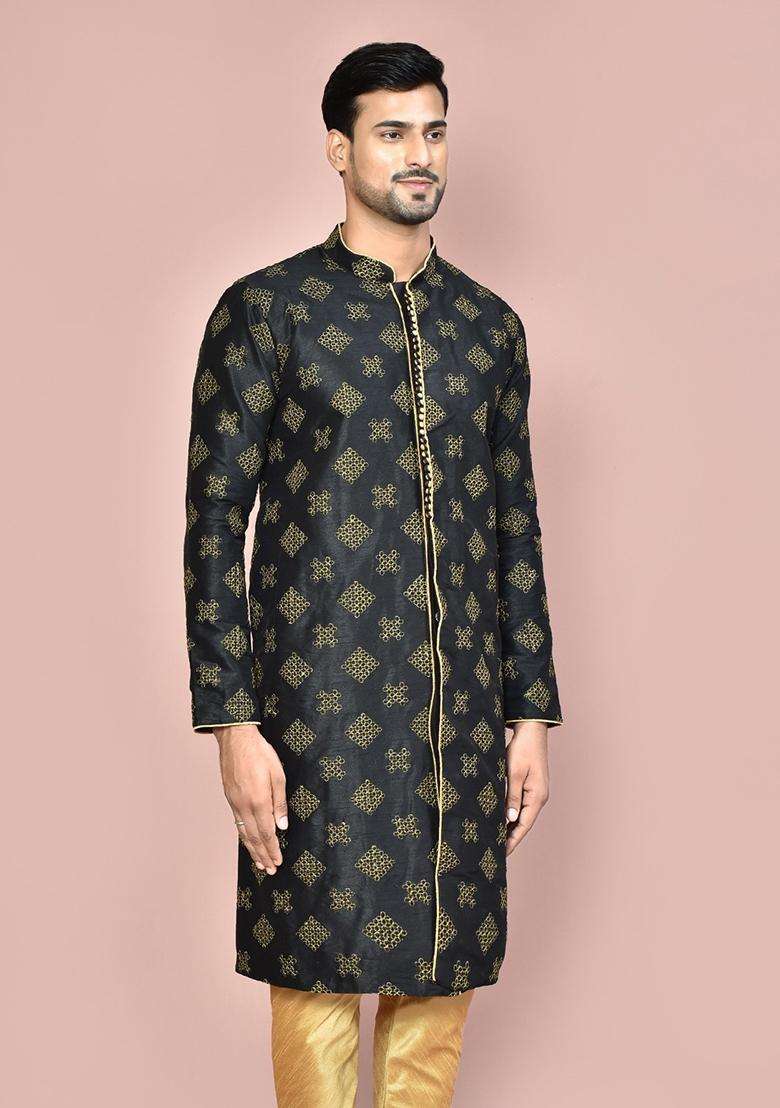 Black Embroidered Silk Kurta For Men - Indya