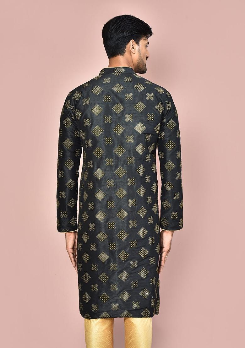 Black Embroidered Silk Kurta For Men - Indya