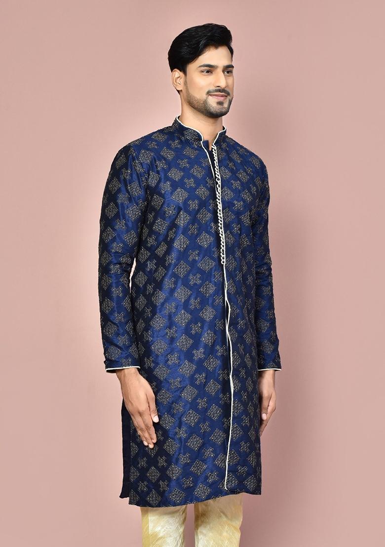 Navy Blue Embroidered Silk Kurta For Men - Indya