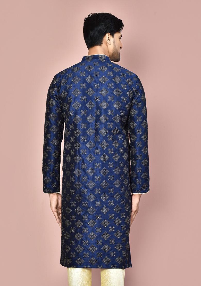 Navy Blue Embroidered Silk Kurta For Men - Indya