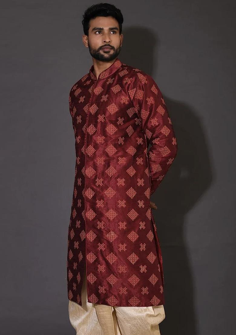 Red Embroidered Silk Kurta For Men - Indya
