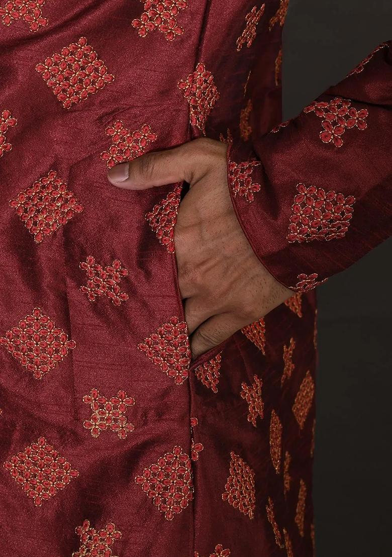 Red Embroidered Silk Kurta For Men - Indya