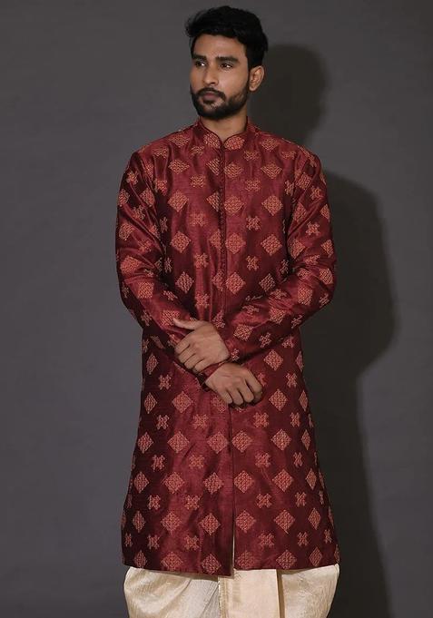 Red Embroidered Silk Kurta For Men
