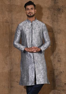 Grey Embroidered Silk Kurta For Men