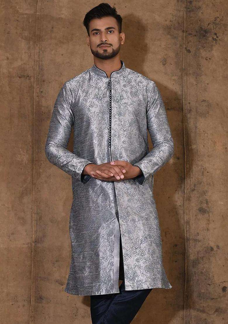 Grey Embroidered Silk Kurta For Men - Indya