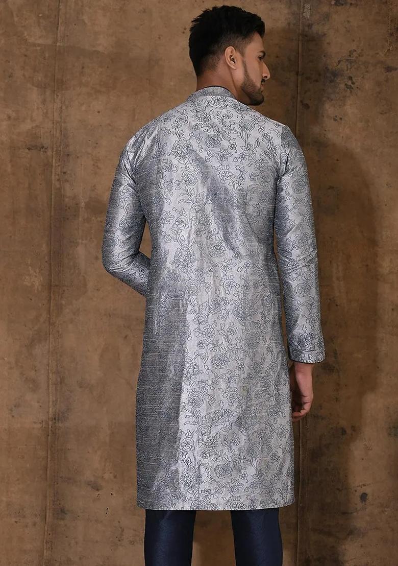 Grey Embroidered Silk Kurta For Men - Indya