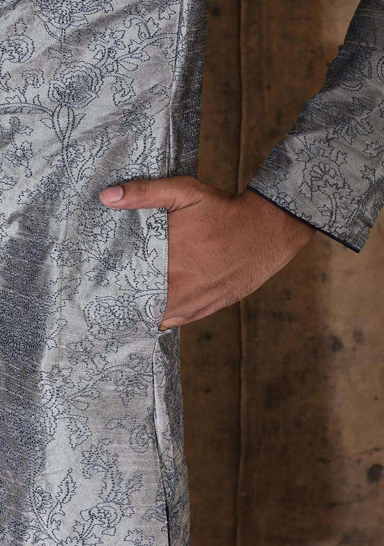 Grey Embroidered Silk Kurta For Men - Indya