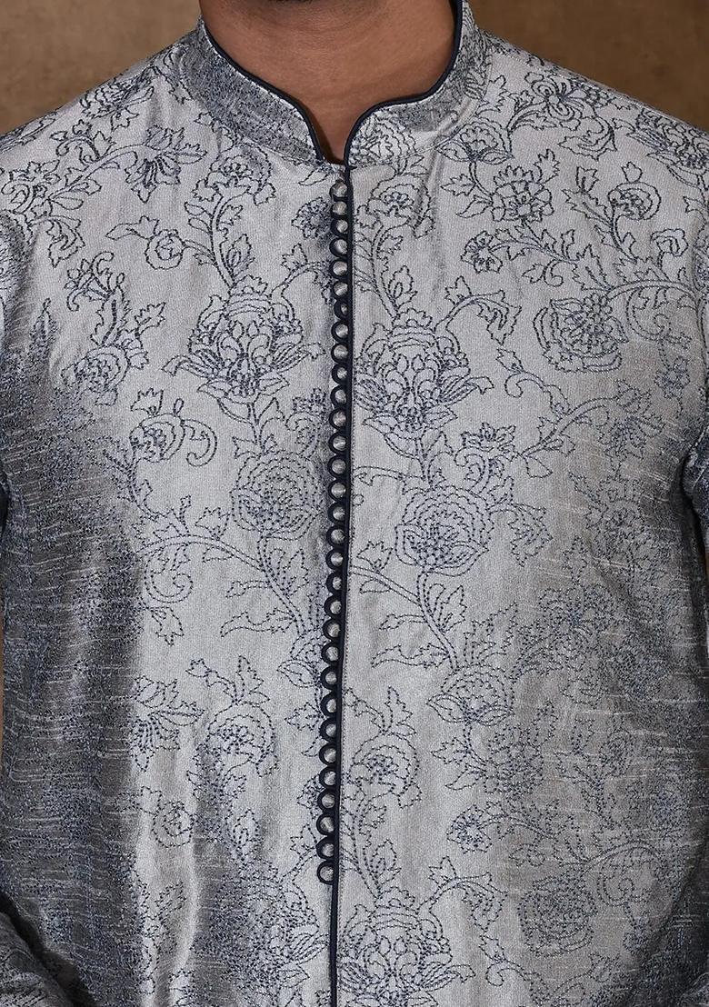Grey Embroidered Silk Kurta For Men - Indya