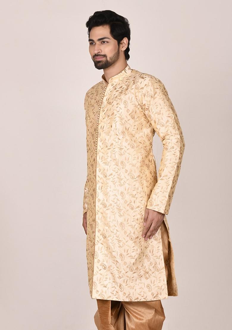 Fawn Embroidered Silk Kurta For Men - Indya