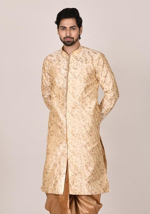 Fawn Embroidered Silk Kurta For Men