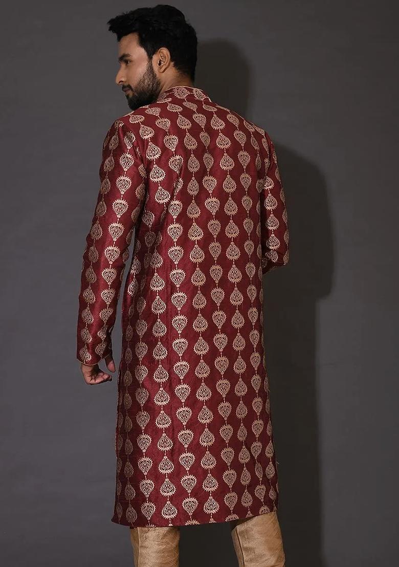Red Embroidered Silk Kurta For Men - Indya
