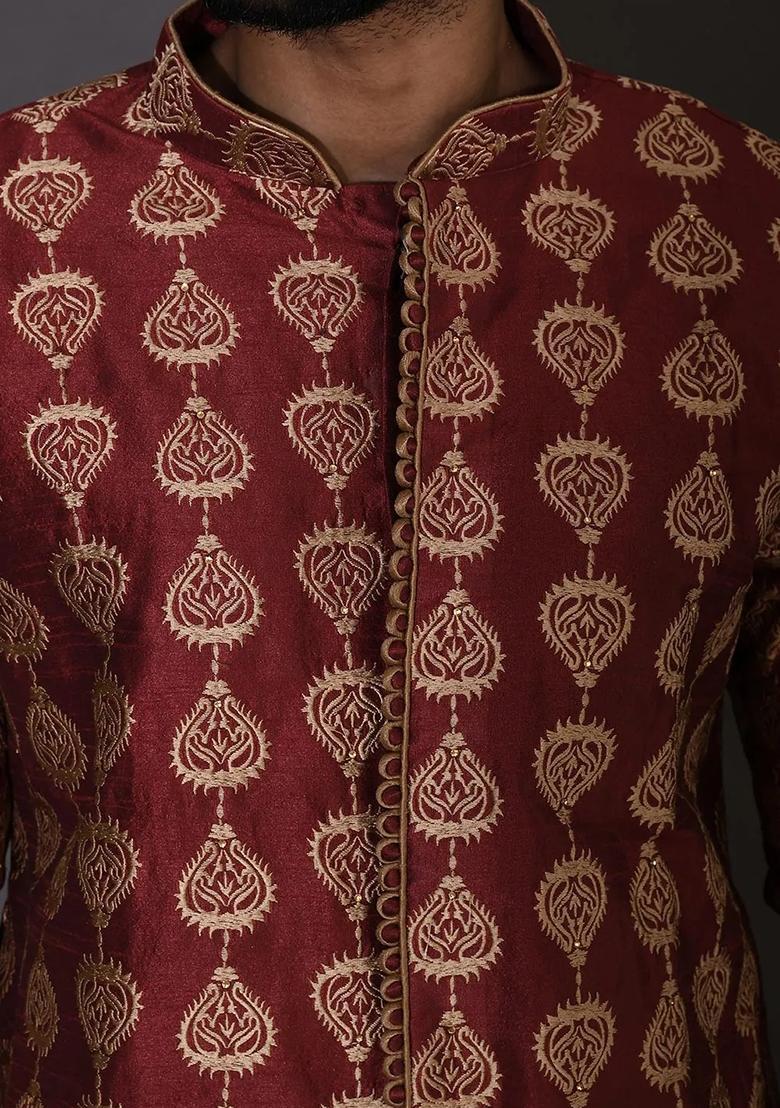 Red Embroidered Silk Kurta For Men - Indya