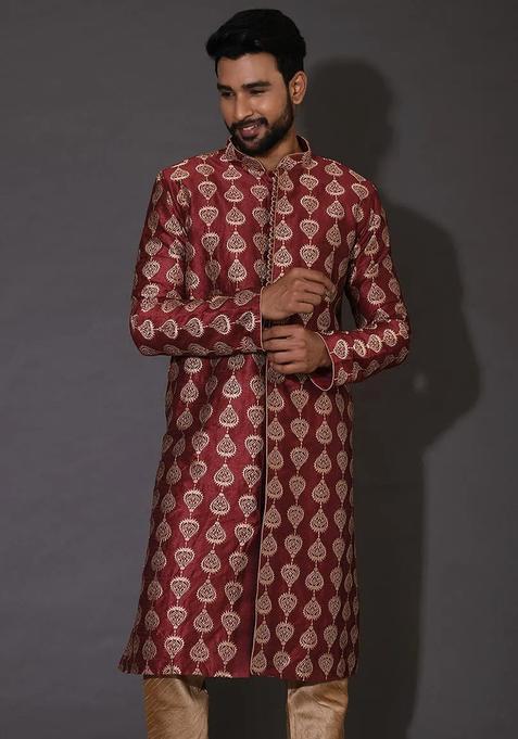 Red Embroidered Silk Kurta For Men