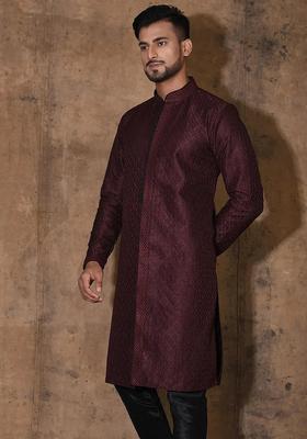 Wine Embroidered Silk Kurta For Men