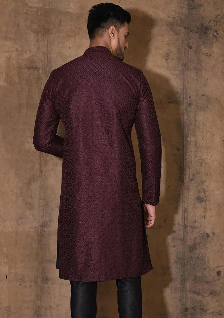 Wine Embroidered Silk Kurta For Men - Indya
