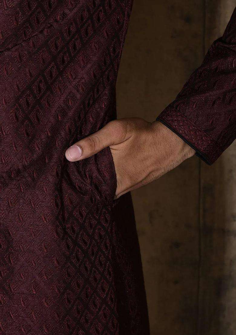 Wine Embroidered Silk Kurta For Men - Indya