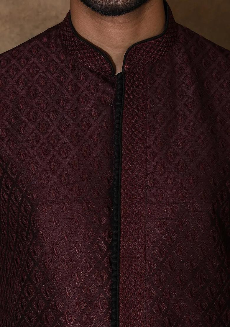 Wine Embroidered Silk Kurta For Men - Indya