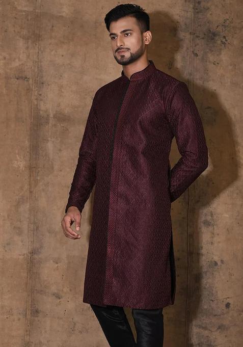 Wine Embroidered Silk Kurta For Men