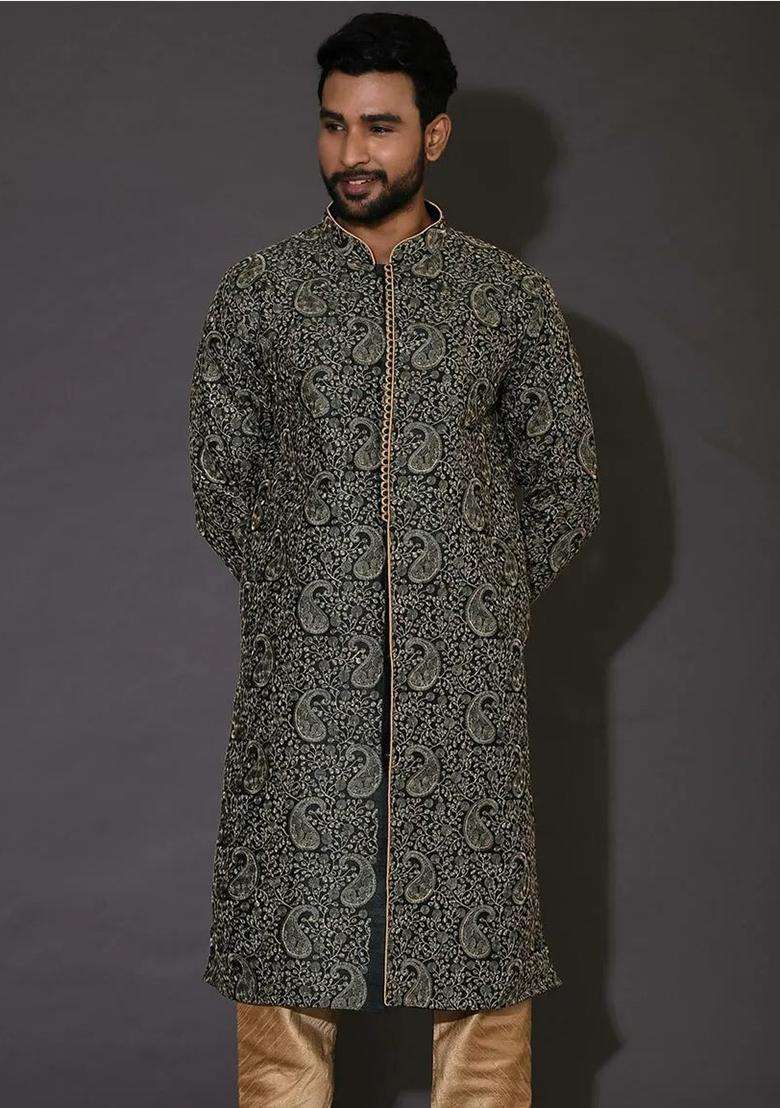 Bottle Green Embroidered Silk Kurta For Men - Indya