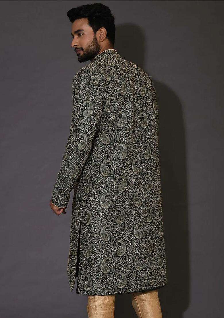 Bottle Green Embroidered Silk Kurta For Men - Indya