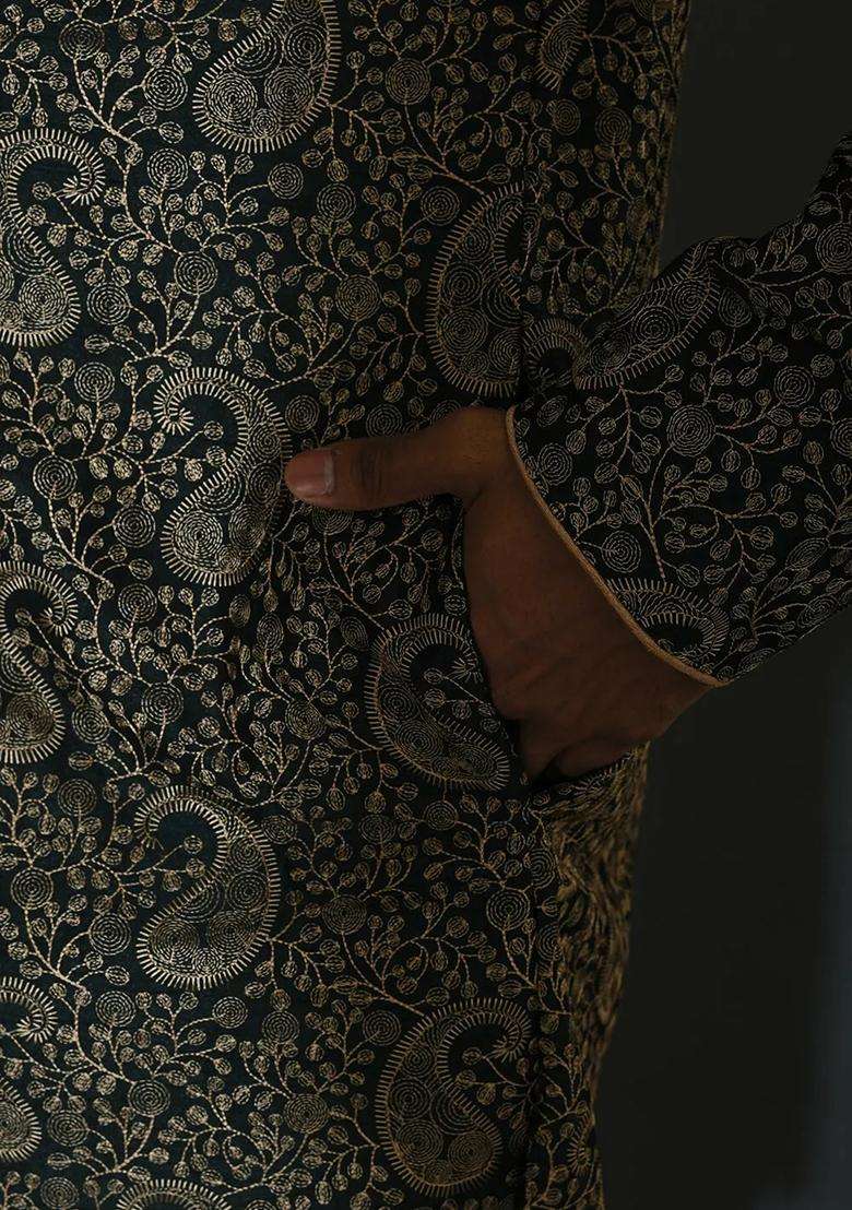 Bottle Green Embroidered Silk Kurta For Men - Indya