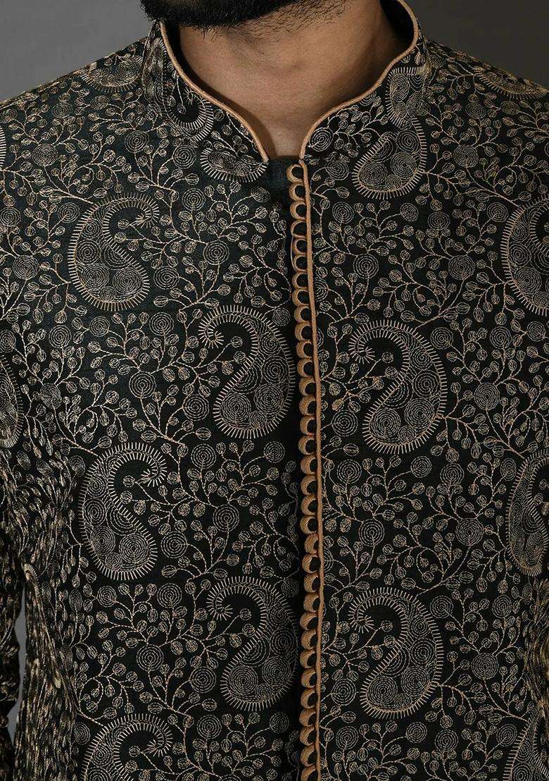 Bottle Green Embroidered Silk Kurta For Men - Indya