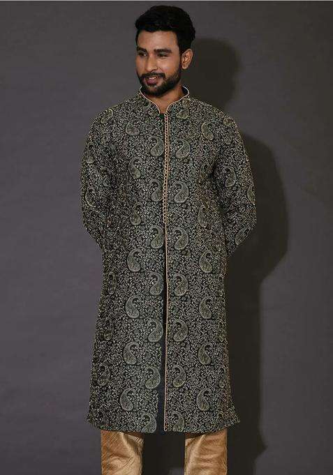 Bottle Green Embroidered Silk Kurta For Men