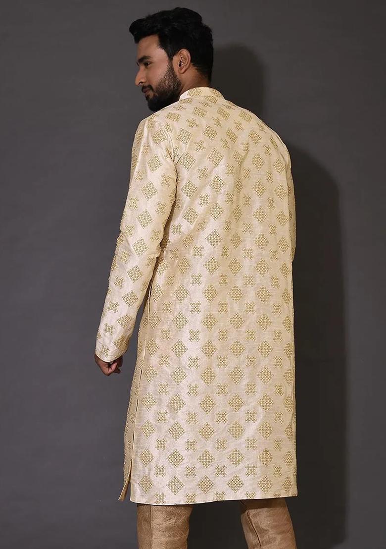 Fawn Embroidered Silk Kurta For Men - Indya
