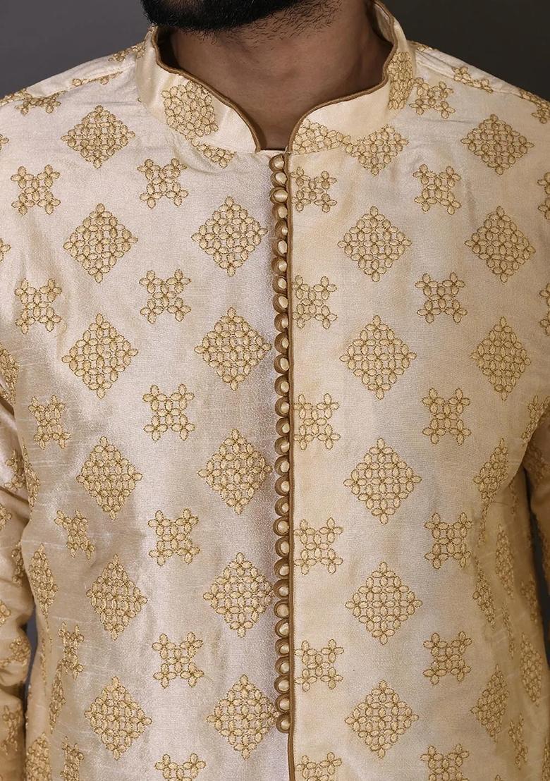 Fawn Embroidered Silk Kurta For Men - Indya