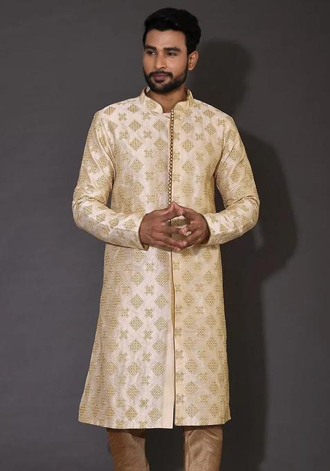 Fawn Embroidered Silk Kurta For Men