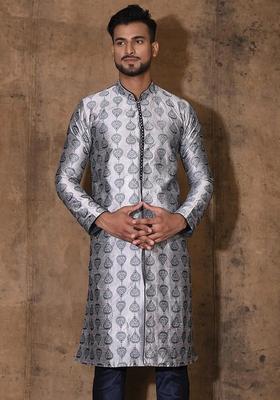 Grey Embroidered Silk Kurta For Men