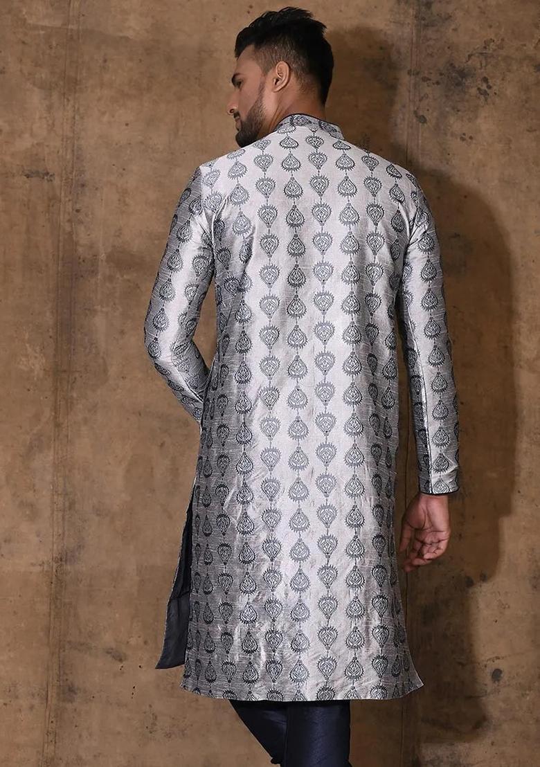 Grey Embroidered Silk Kurta For Men - Indya
