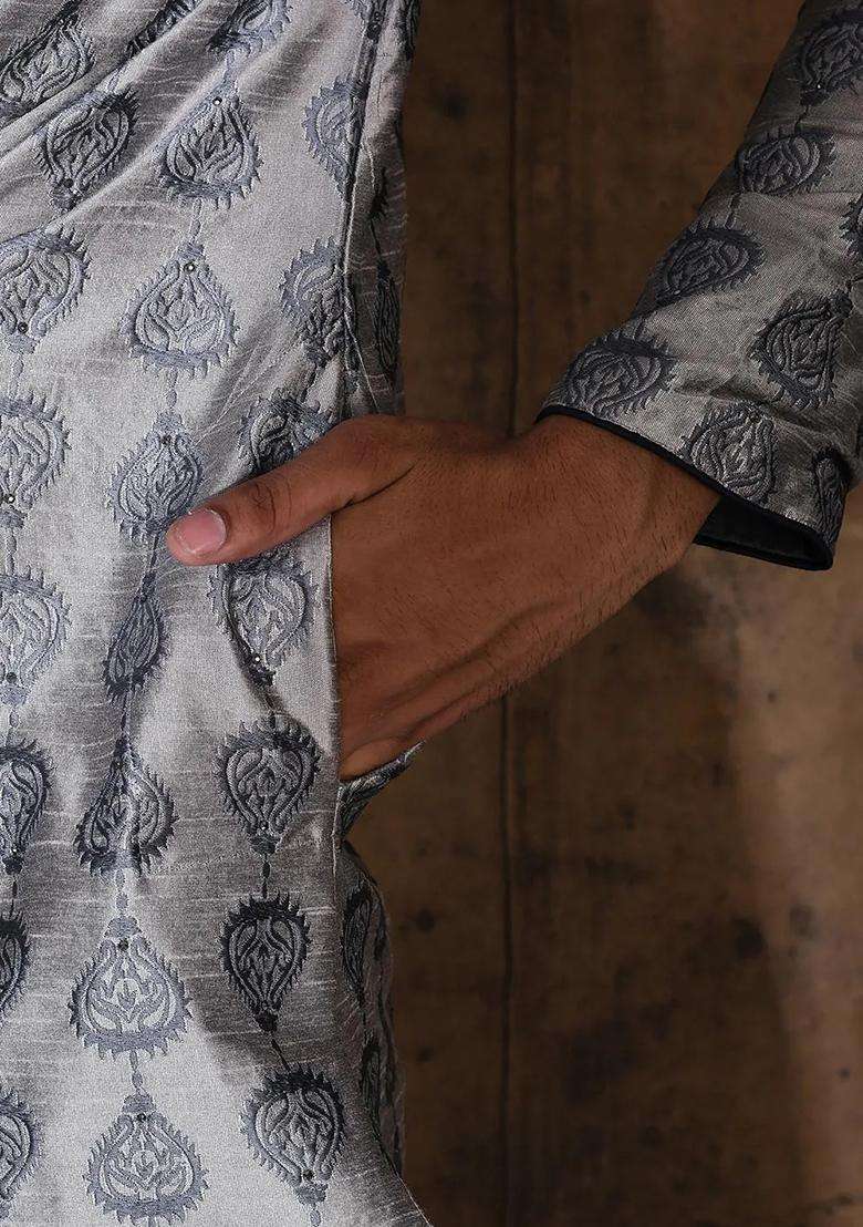 Grey Embroidered Silk Kurta For Men - Indya