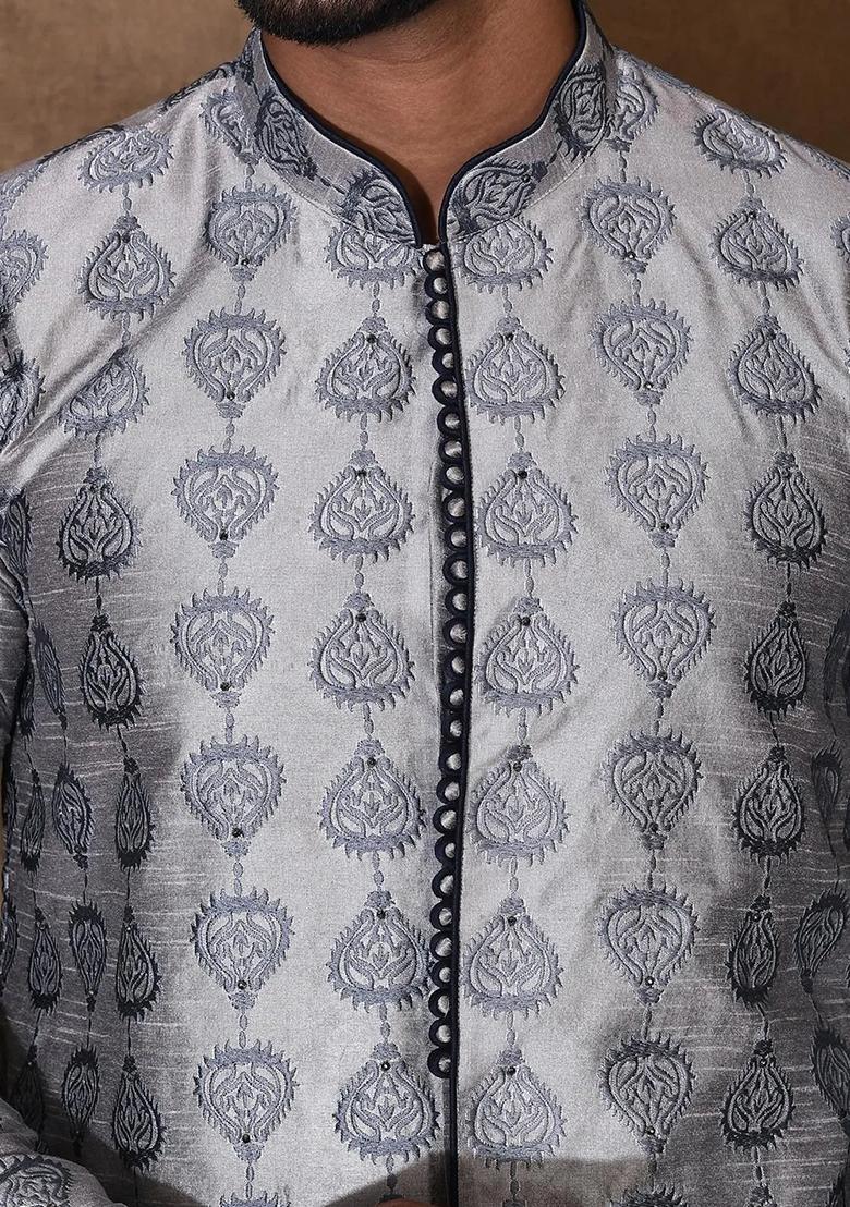 Grey Embroidered Silk Kurta For Men - Indya