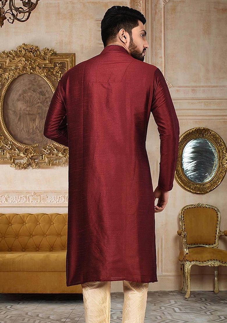 Red Silk Kurta For Men - Indya