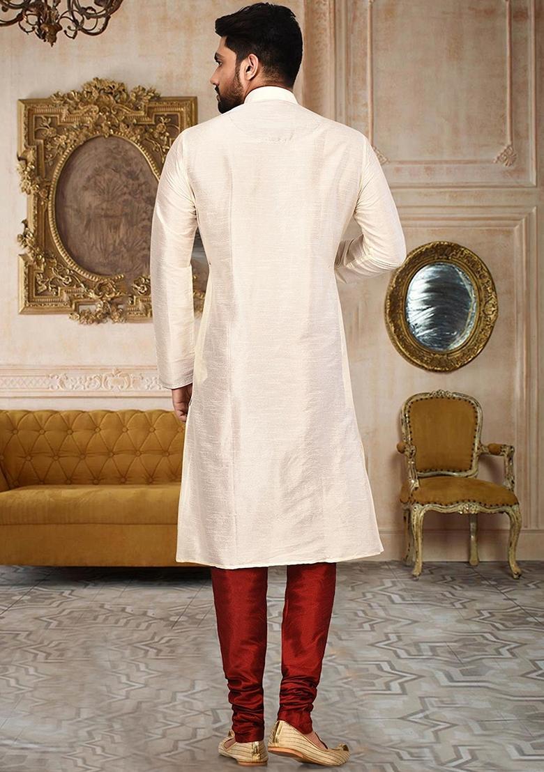 Cream Silk Kurta Set For Men - Indya