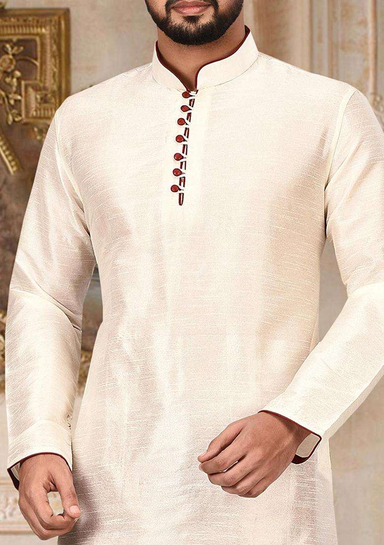 Cream Silk Kurta Set For Men - Indya