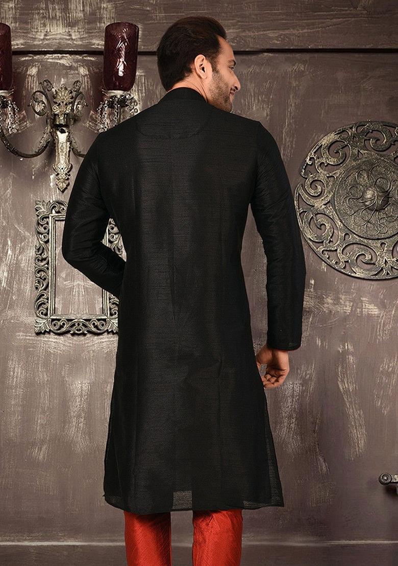 Black Silk Kurta For Men - Indya
