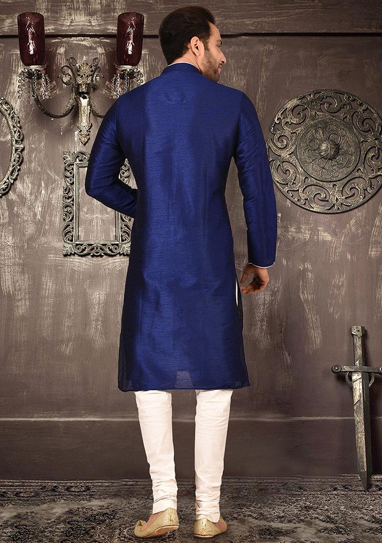 Royal Blue Silk Kurta Set For Men - Indya