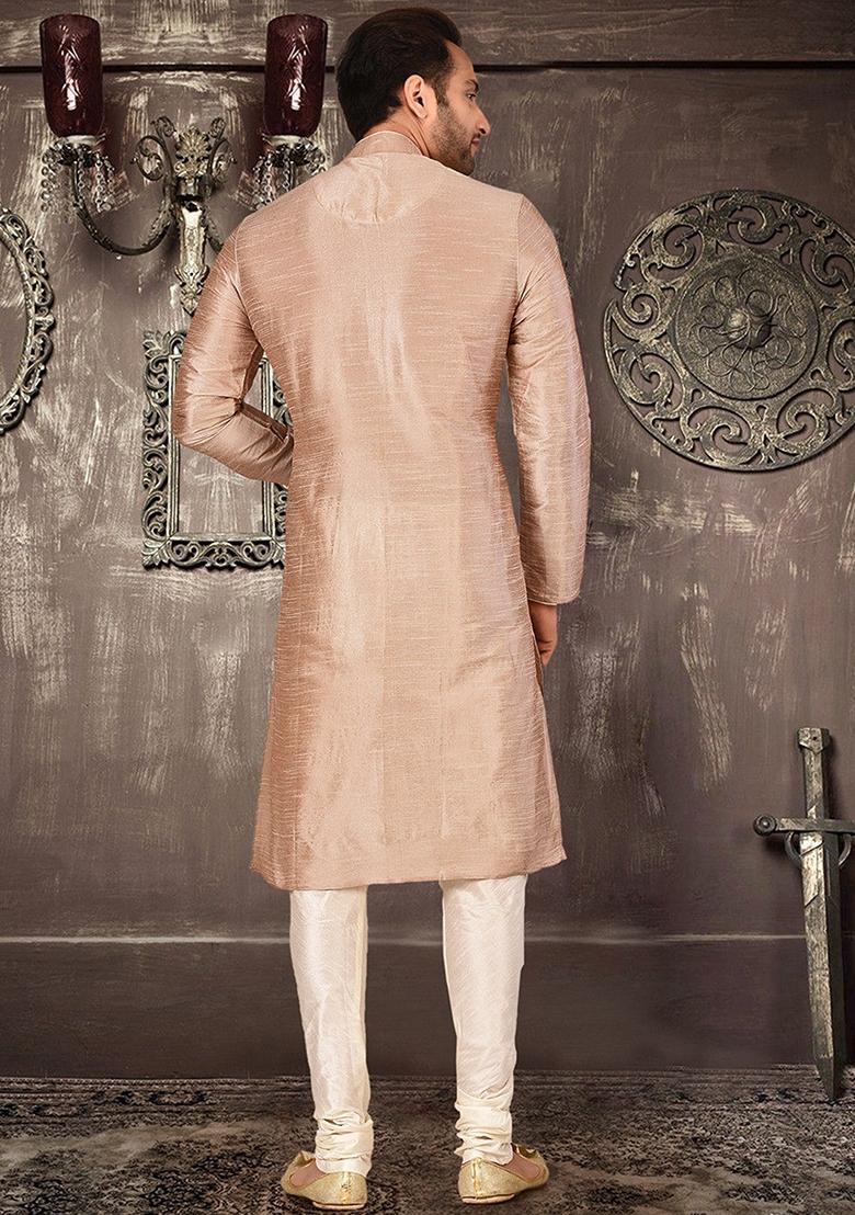 Light Brown Silk Kurta Set For Men - Indya