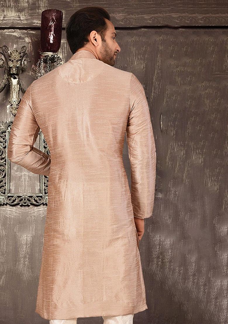 Light Brown Silk Kurta For Men - Indya