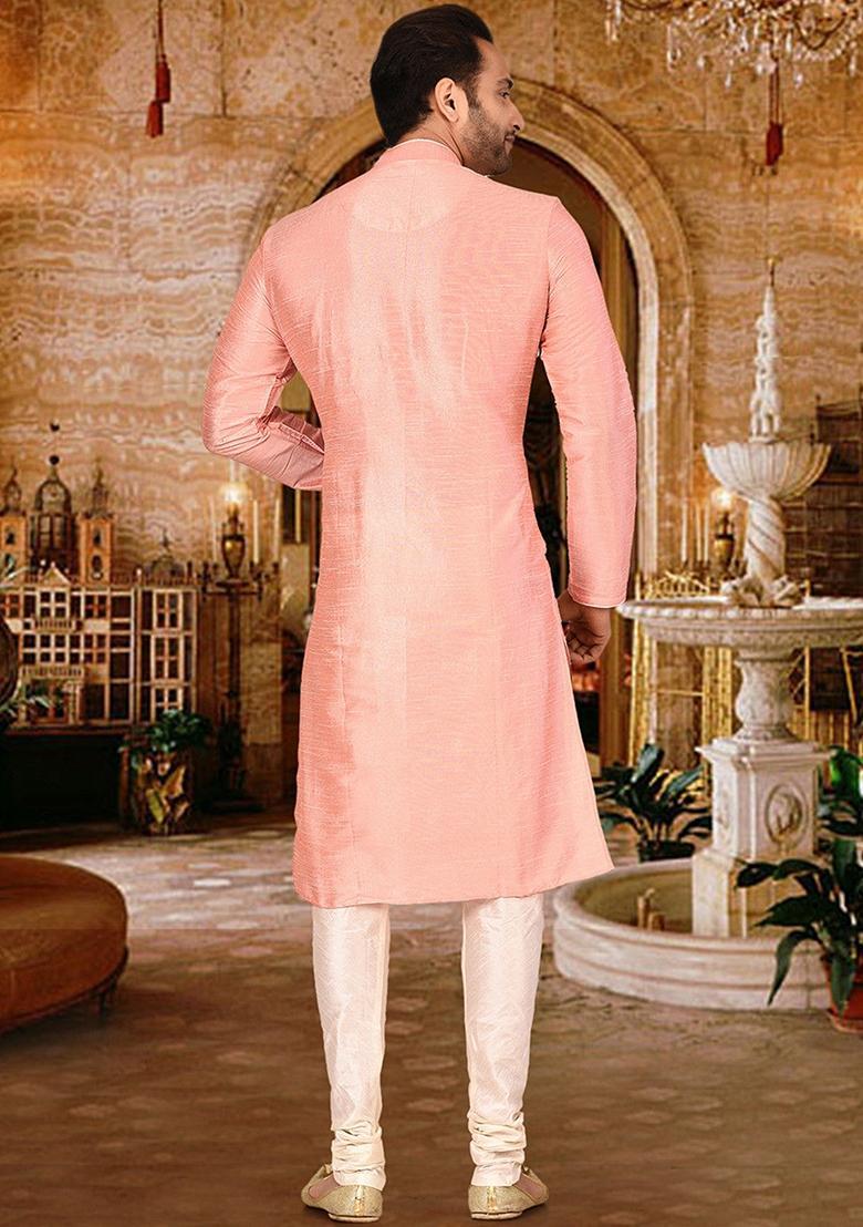 Pink Silk Kurta Set For Men - Indya