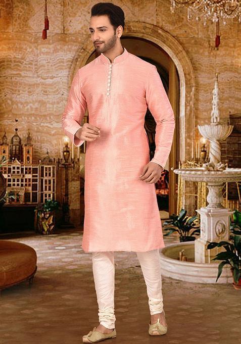 Pink Silk Kurta Set For Men