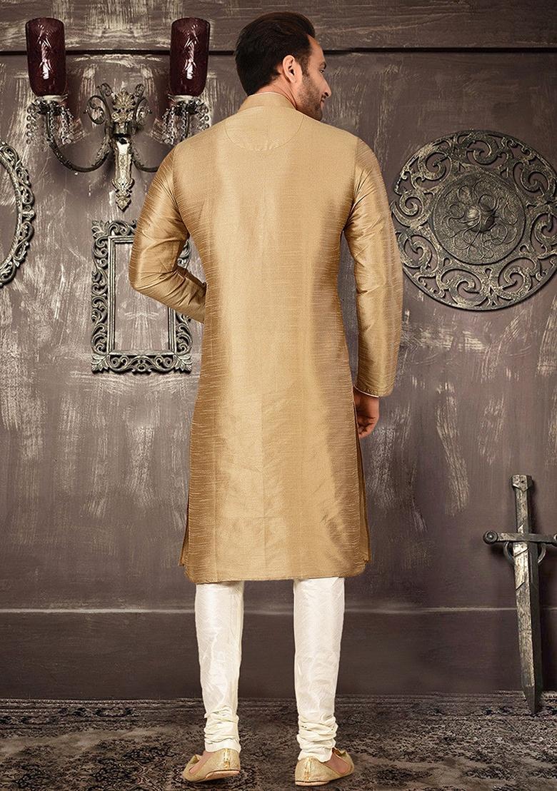 Beige Silk Kurta Set For Men - Indya