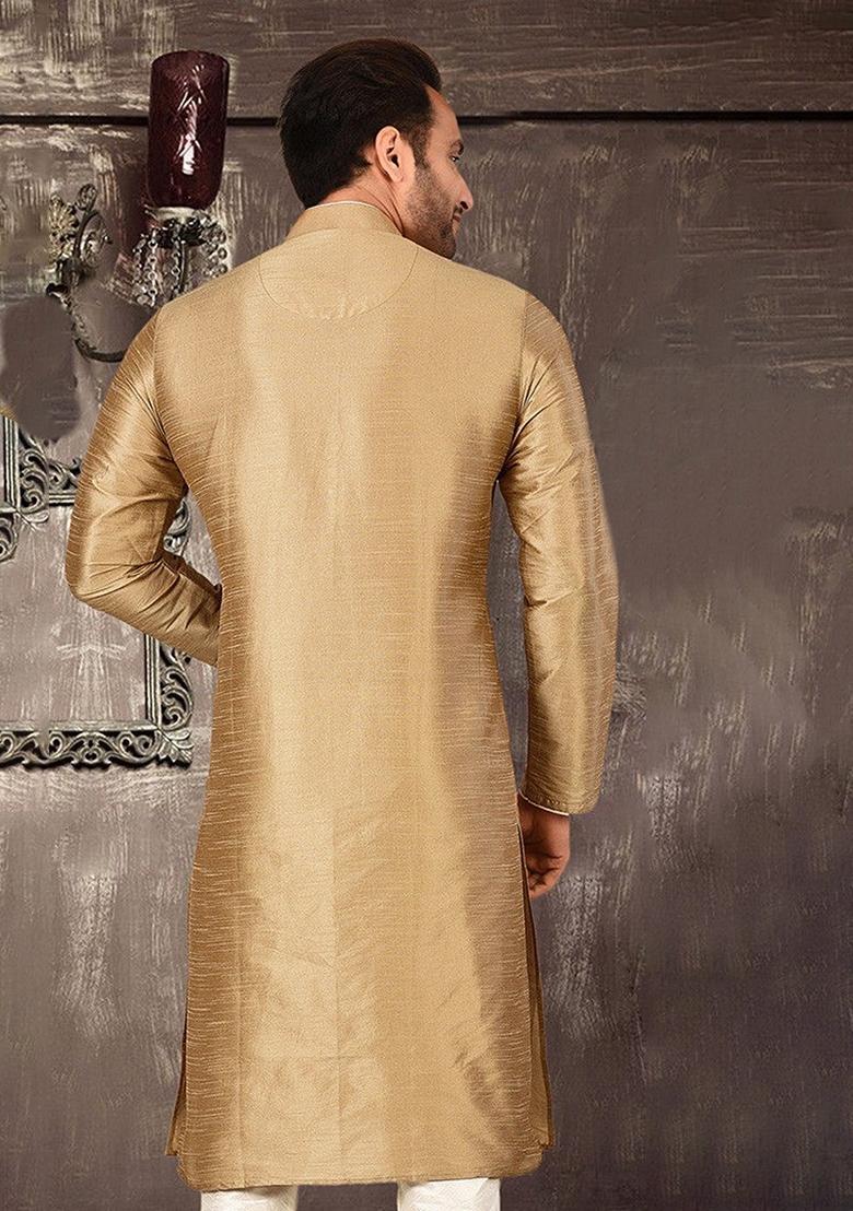 Beige Silk Kurta For Men - Indya