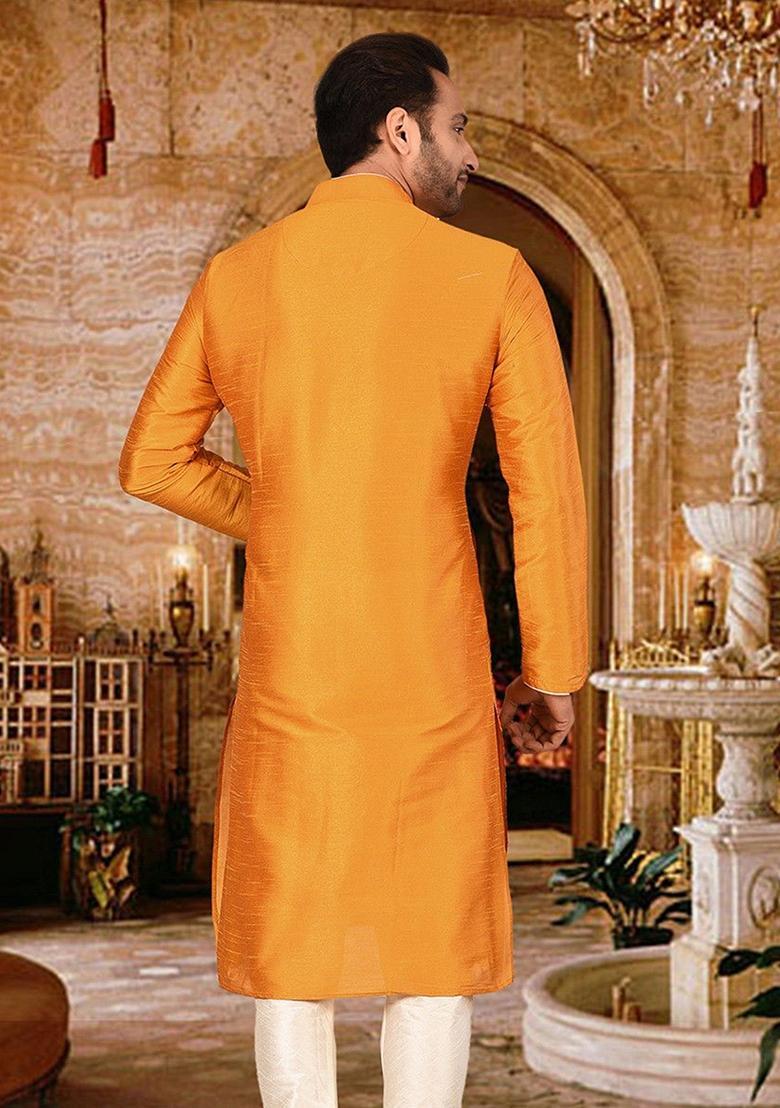 Mustard Silk Kurta For Men - Indya